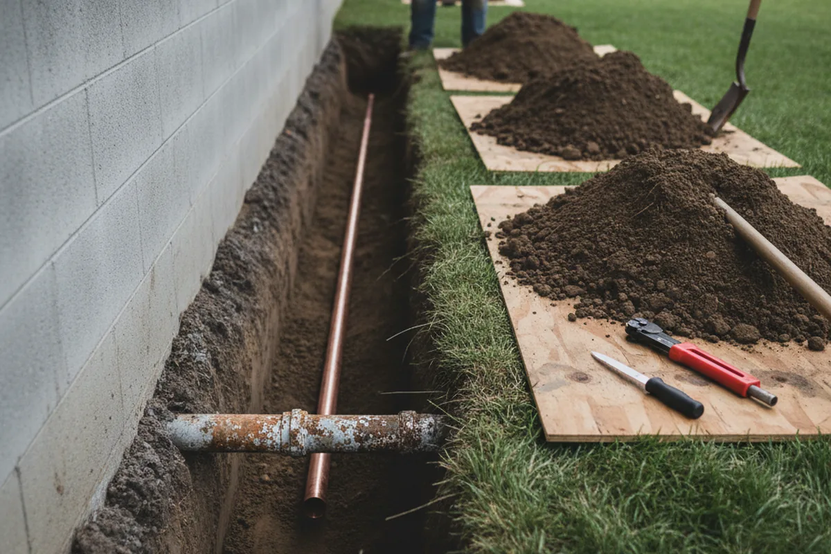 Excavated water line trench during Water Heater Repair in Essex